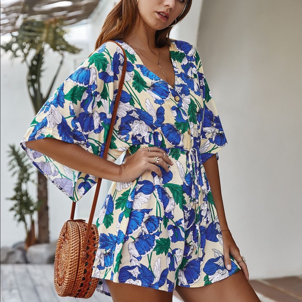 ♦️🆕Leafy Floral Lace Tie Waist Romper Blue - Picture 4 of 5